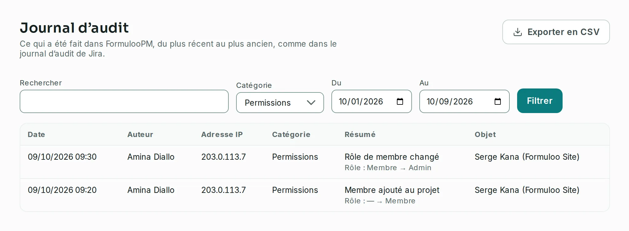Le journal d’audit filtré sur la catégorie Permissions et la période du 1er au 9 octobre 2026 : deux événements d’Amina Diallo sur Serge Kana, avec la date, l’adresse IP, le résumé et l’objet.
