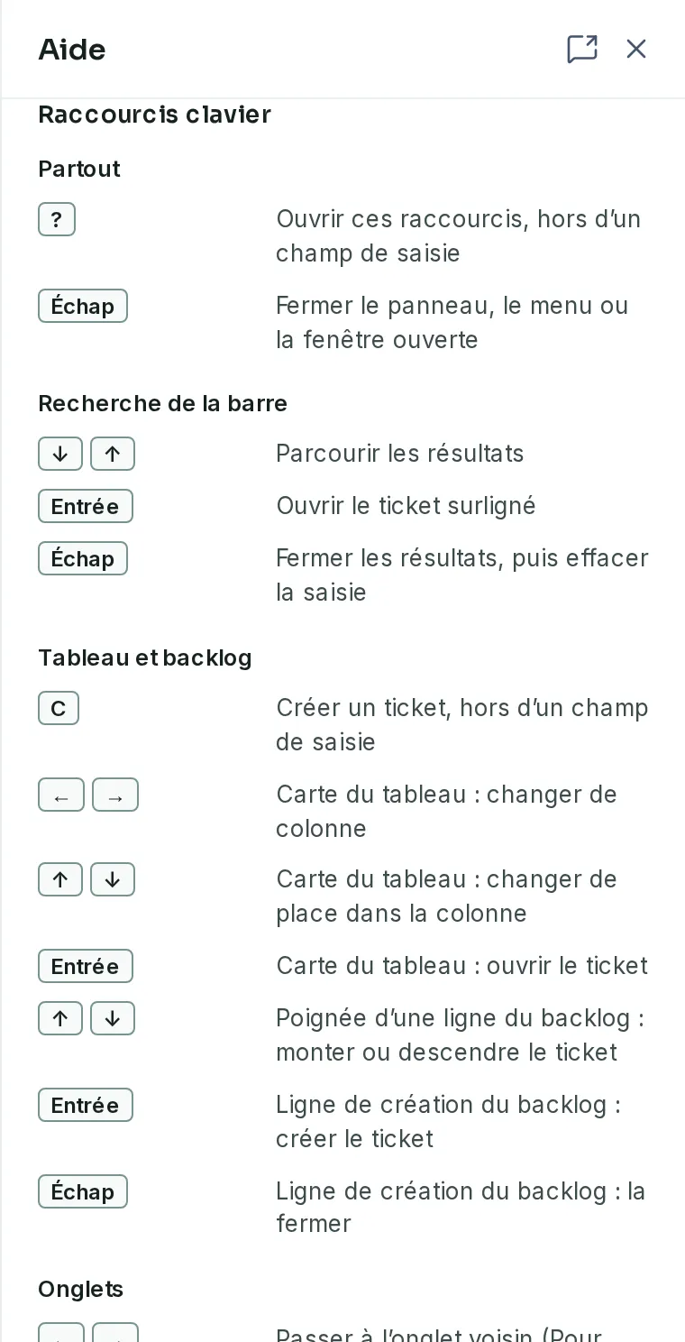 Le panneau d’aide ouvert par la touche point d’interrogation, sur sa rubrique Raccourcis clavier.