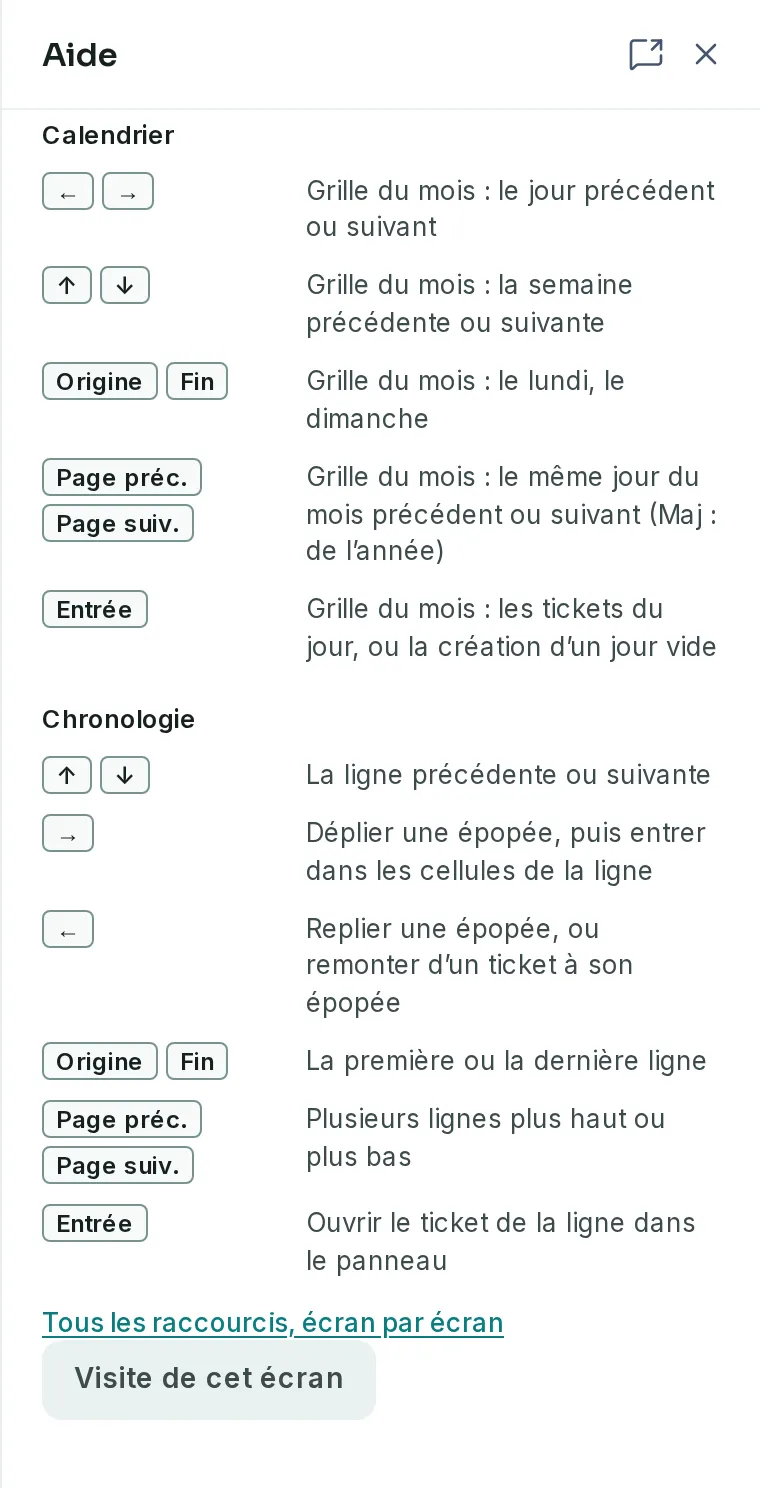 Le panneau Aide ouvert à droite de l’écran, avec le bouton Visite de cet écran en bas, sous les raccourcis clavier.