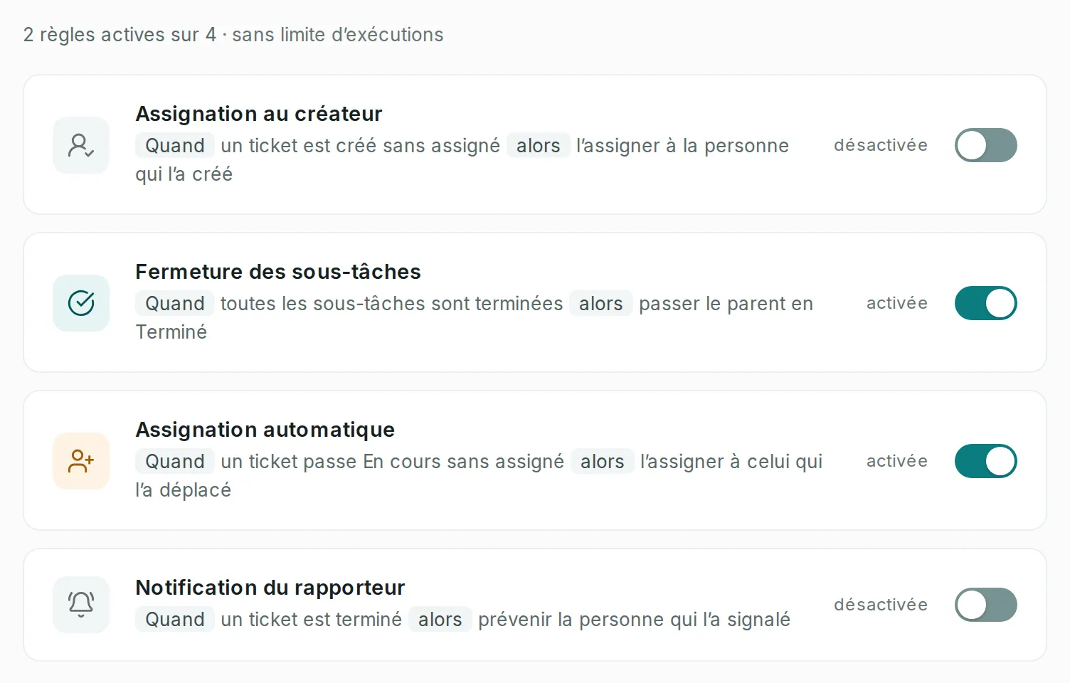 L’onglet Automatisations, avec le résumé 2 règles actives sur 4 et les quatre règles, chacune avec sa phrase Quand… alors…, son état et son interrupteur.