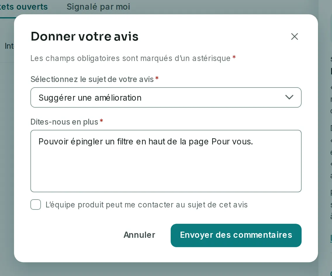 La fenêtre Donner votre avis : le sujet Suggérer une amélioration, un message saisi, la case de contact et le bouton Envoyer des commentaires.