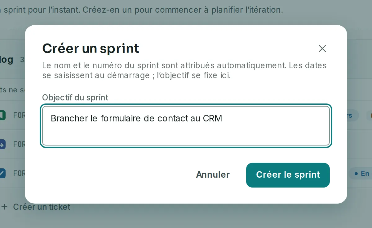 La fenêtre « Créer un sprint », avec le champ Objectif du sprint et le bouton Créer le sprint.