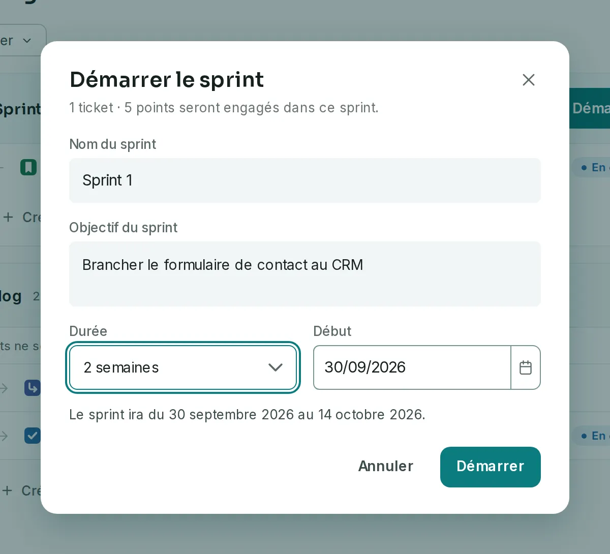 La fenêtre « Démarrer le sprint » : tickets et points engagés, nom, objectif, durée de deux semaines et date de début.