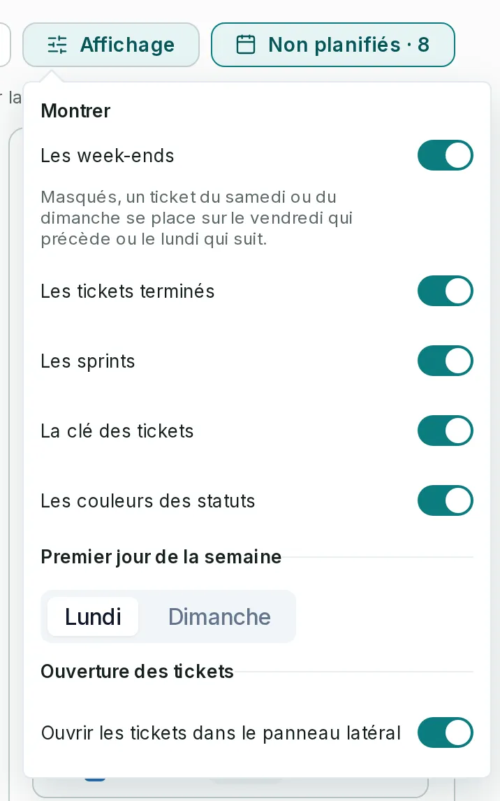 La fenêtre Affichage du calendrier : week-ends, tickets terminés, sprints, clé des tickets, couleurs des statuts, premier jour de la semaine et ouverture des tickets dans le panneau latéral.