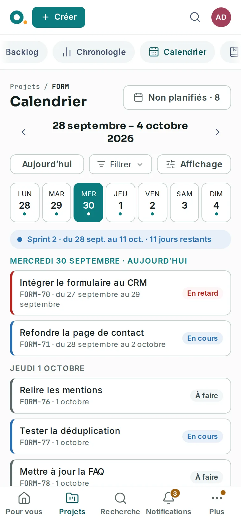 Le calendrier sur un téléphone : la semaine du 28 septembre au 4 octobre en bande de sept jours, la pastille du sprint en cours avec ses jours restants, puis les tickets jour après jour, le retard en tête.