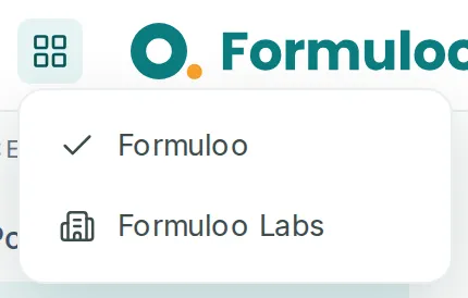La liste des sites, ouverte par le bouton en grille à gauche du logo : Formuloo, coché, et Formuloo Labs.