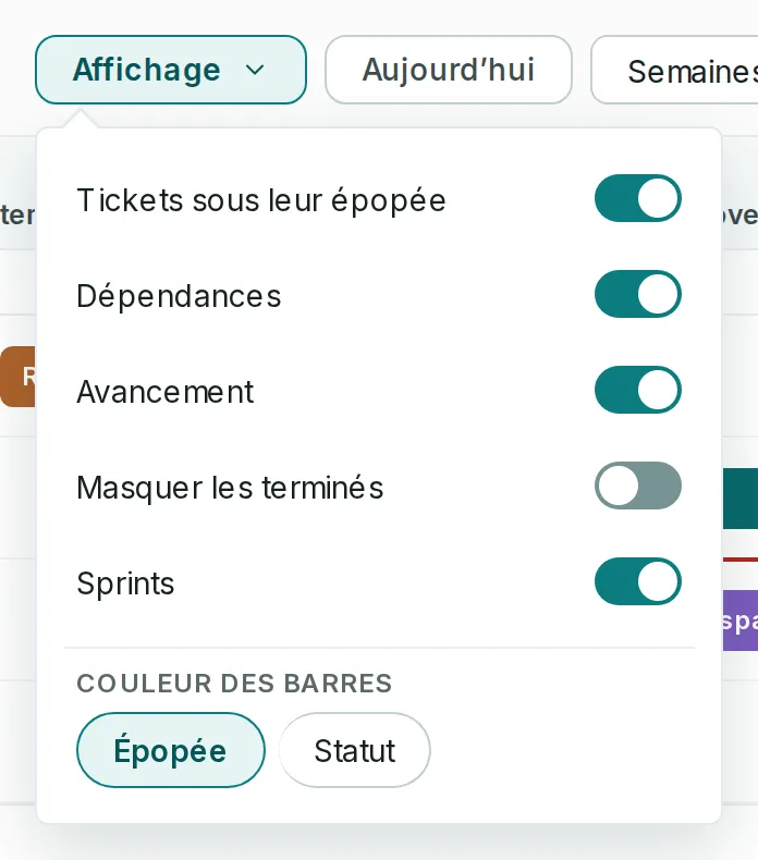 La fenêtre Affichage de la chronologie : tickets sous leur épopée, dépendances, avancement, masquer les terminés, sprints, et la couleur des barres par épopée ou par statut.