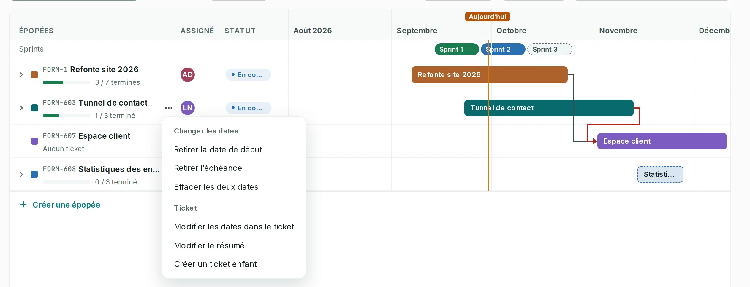 Le menu « … » d’une épopée : retirer la date de début, retirer l’échéance, effacer les deux dates, modifier les dates dans le ticket, modifier le résumé, créer un ticket enfant.