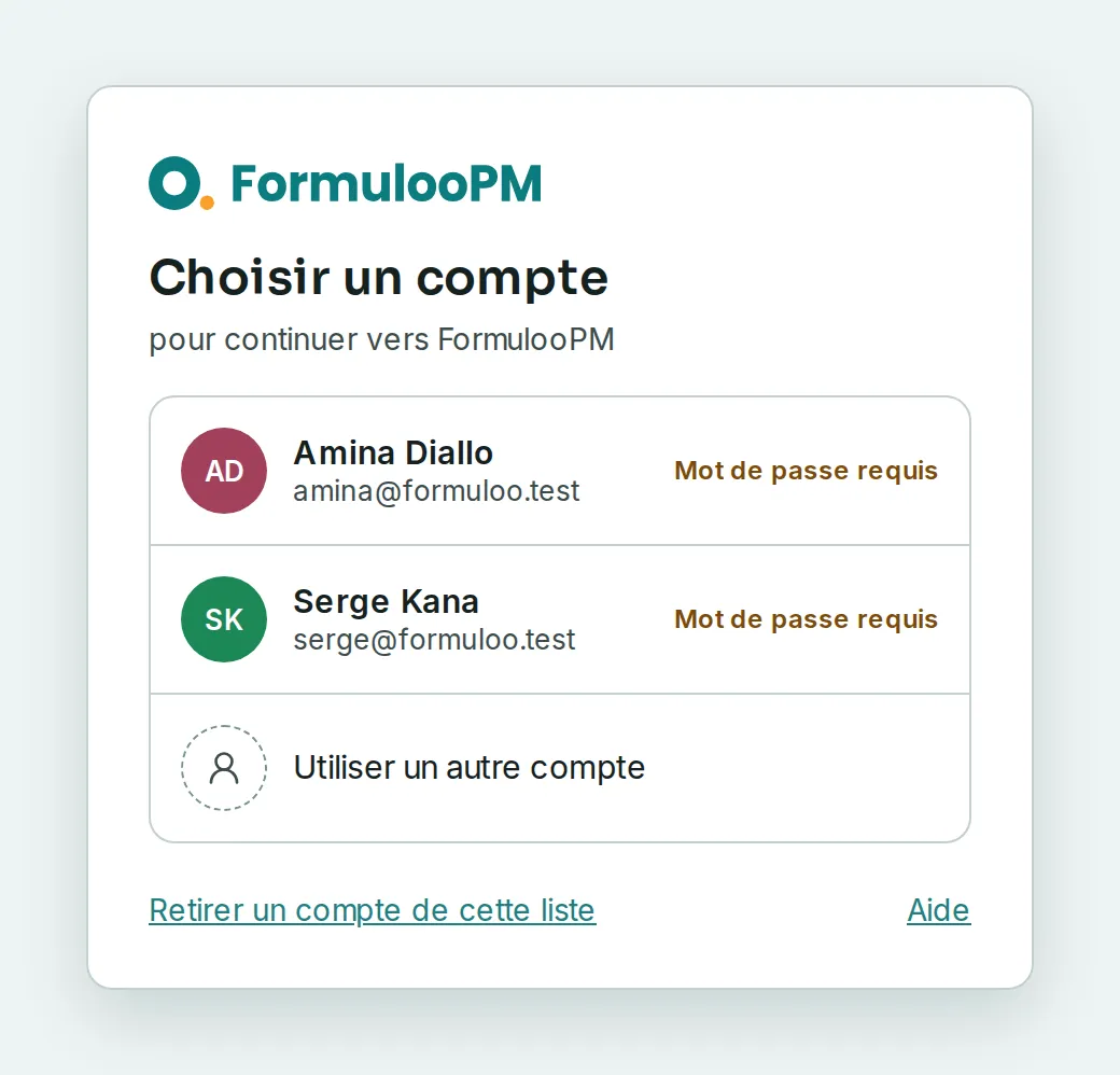 La page Choisir un compte : Amina Diallo et Serge Kana avec Mot de passe requis, Utiliser un autre compte, puis Retirer un compte de cette liste et Aide.