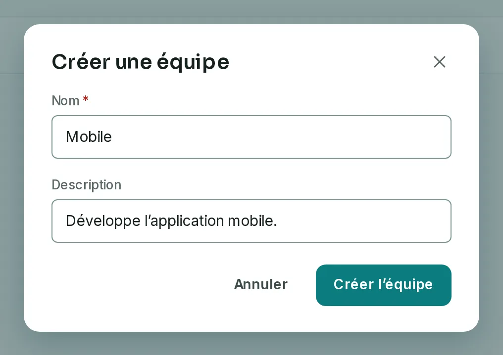 La fenêtre Créer une équipe, avec le nom Mobile et sa description saisis.