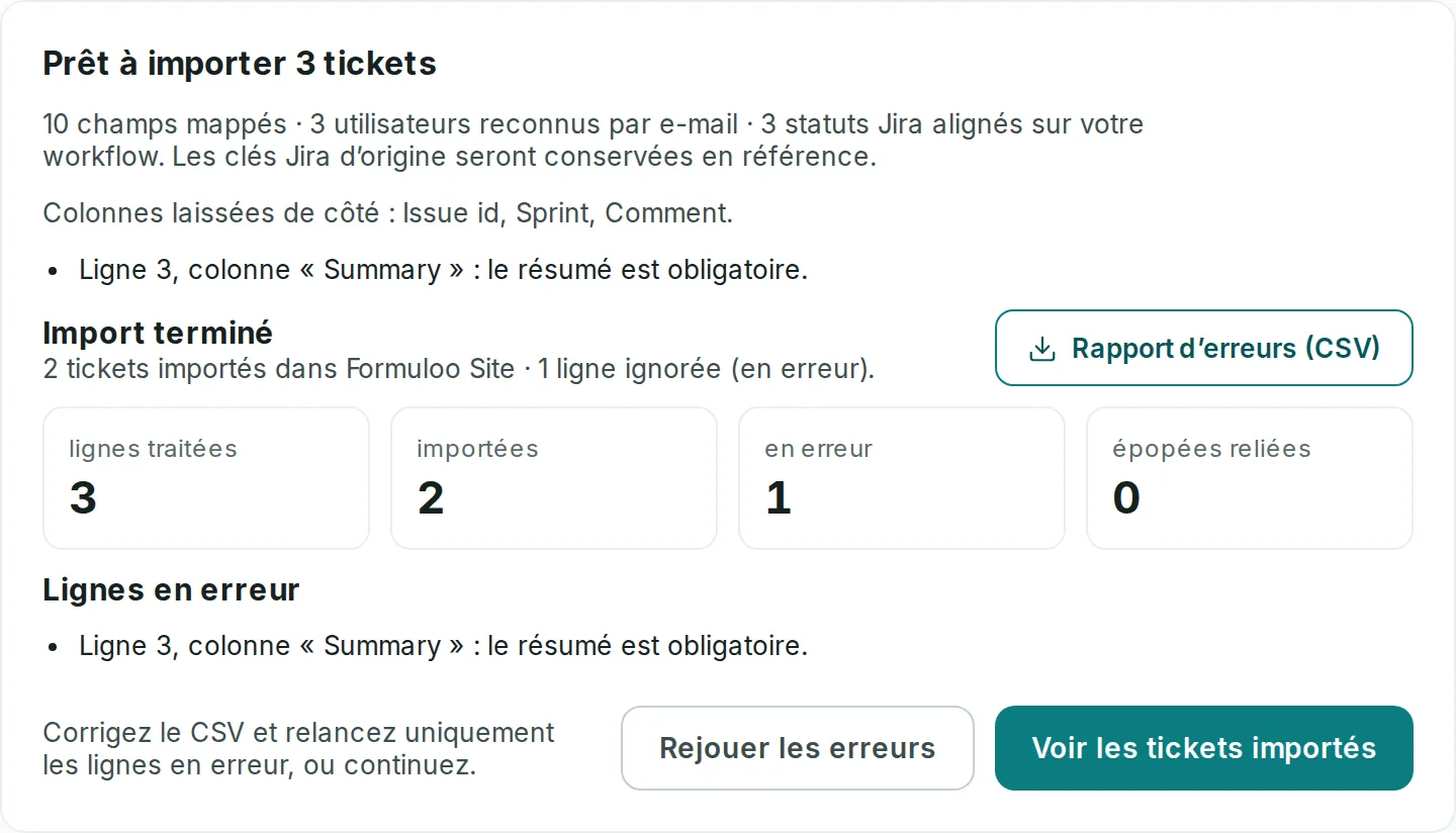 Le bilan d’un import terminé avec une ligne en erreur : le motif de la ligne 3, le bouton Rapport d’erreurs (CSV) et le bouton Rejouer les erreurs.