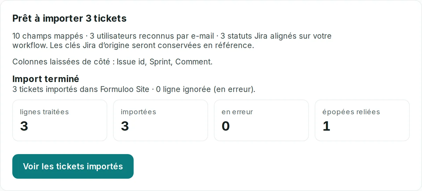 Le bilan d’un import terminé, avec 3 lignes traitées, 3 importées, aucune en erreur, 1 épopée reliée et le lien Voir les tickets importés.