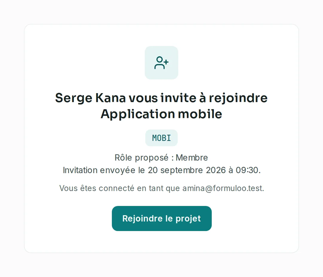 La page d’invitation où Serge Kana invite à rejoindre Application mobile, avec le rôle proposé Membre et le bouton Rejoindre le projet.