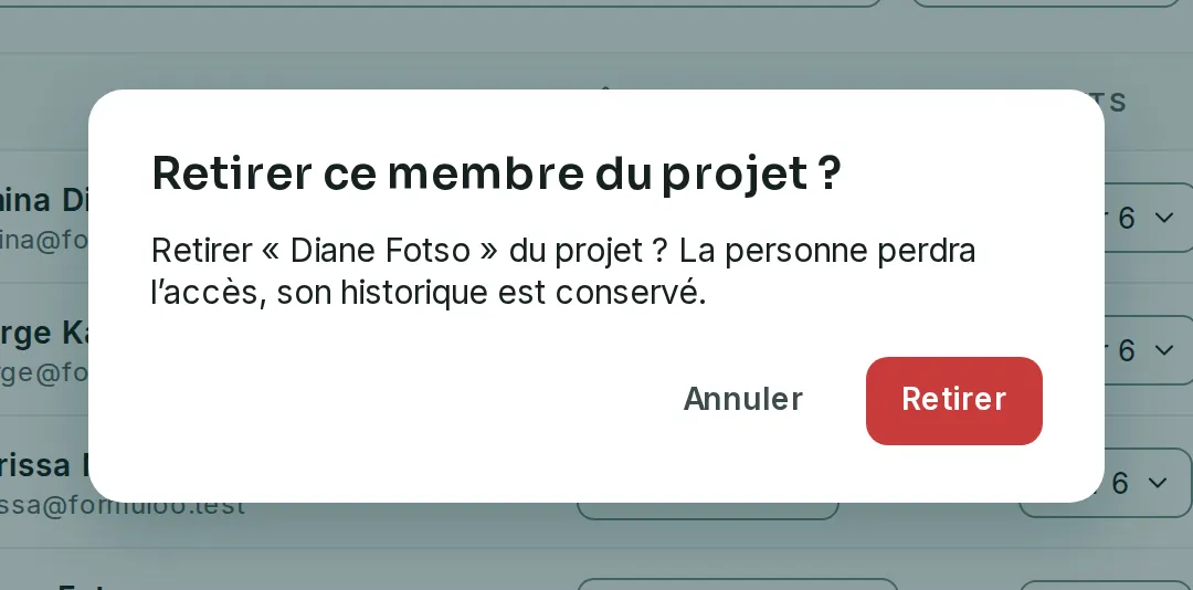 La fenêtre de confirmation du retrait de Diane Fotso, avec les boutons Annuler et Retirer.