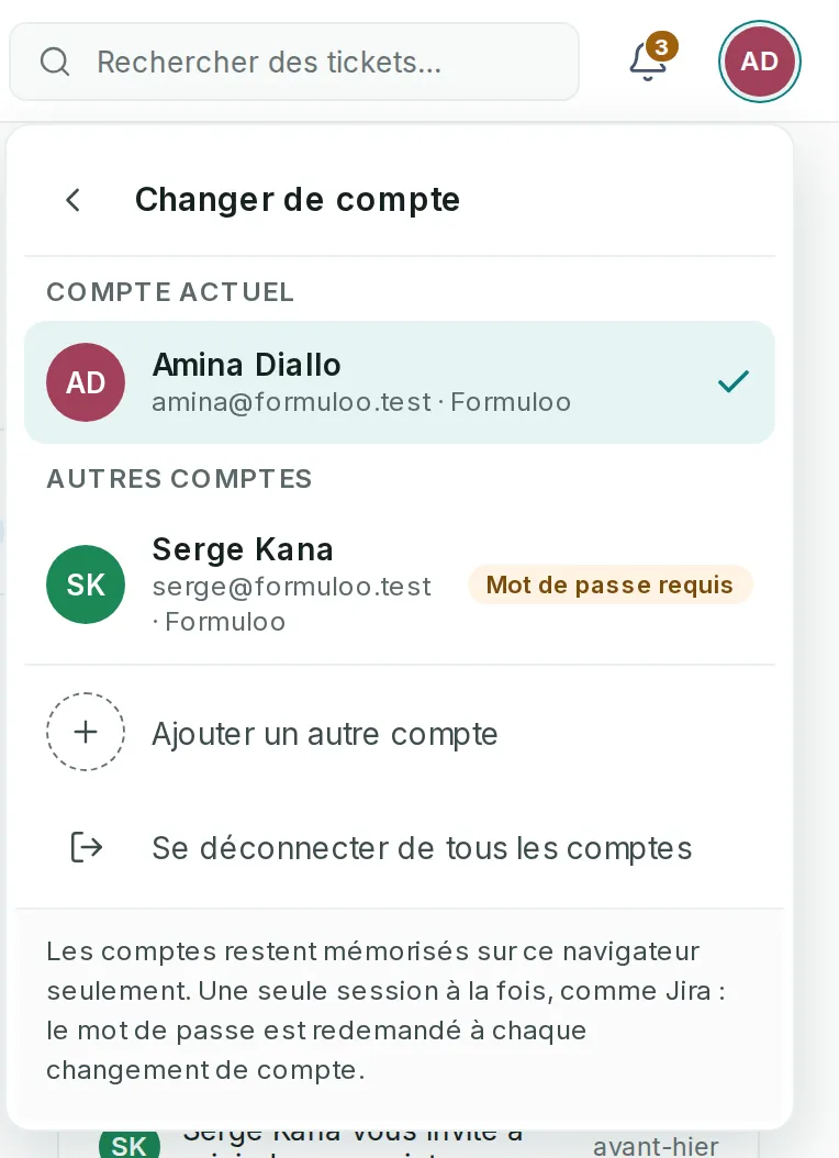 La liste Changer de compte : le compte actuel coché, un autre compte avec Mot de passe requis, puis Ajouter un autre compte et Se déconnecter de tous les comptes.