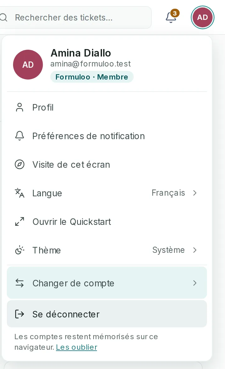 Le menu du compte ouvert sous l’avatar : votre nom, votre site et votre rôle en tête, Changer de compte, puis Se déconnecter.