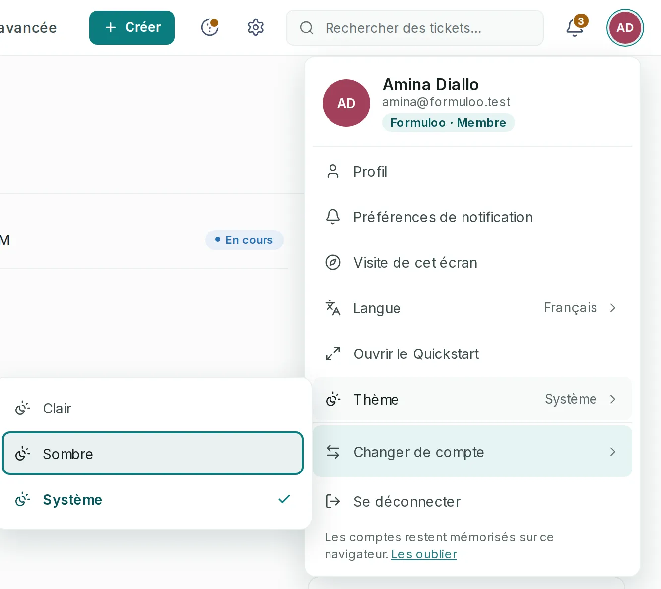 Le menu du compte ouvert sur Thème, réglé sur Système : le sous-menu propose Clair, Sombre, survolé, et Système, coché.
