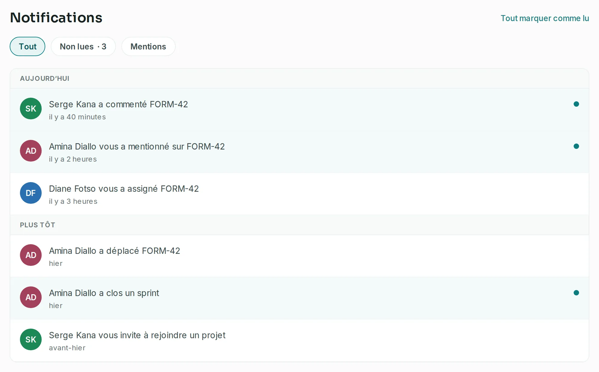 Le centre de notifications, avec les onglets Tout, Non lues et Mentions et six notifications rangées sous Aujourd’hui et Plus tôt, les non lues marquées d’un point.