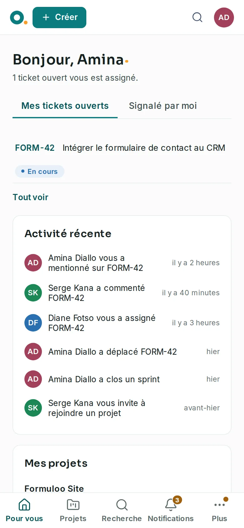 La page « Pour vous » sur un téléphone, avec les onglets de tickets en haut de l’écran.