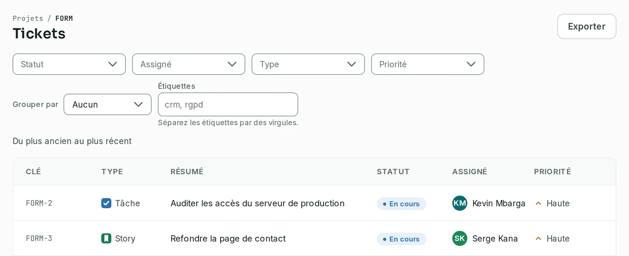 L’écran Tickets du projet FORM, avec le bouton Exporter en haut à droite, les filtres de la liste et ses premières lignes.