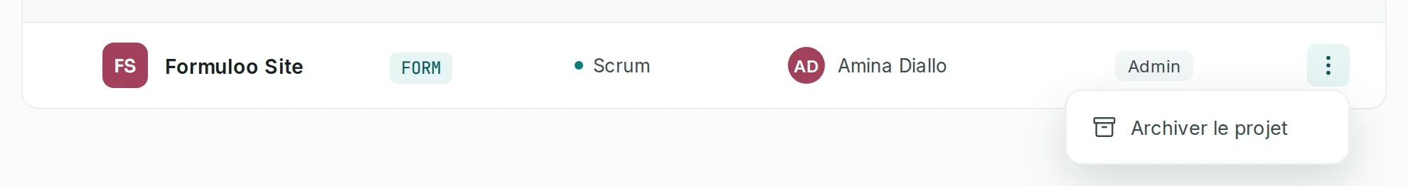 Le menu ⋮ du projet Formuloo Site, ouvert sur l’entrée Archiver le projet.
