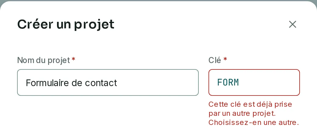 Le champ Clé en erreur avec la clé FORM, et le message qui dit que cette clé est déjà prise par un autre projet.