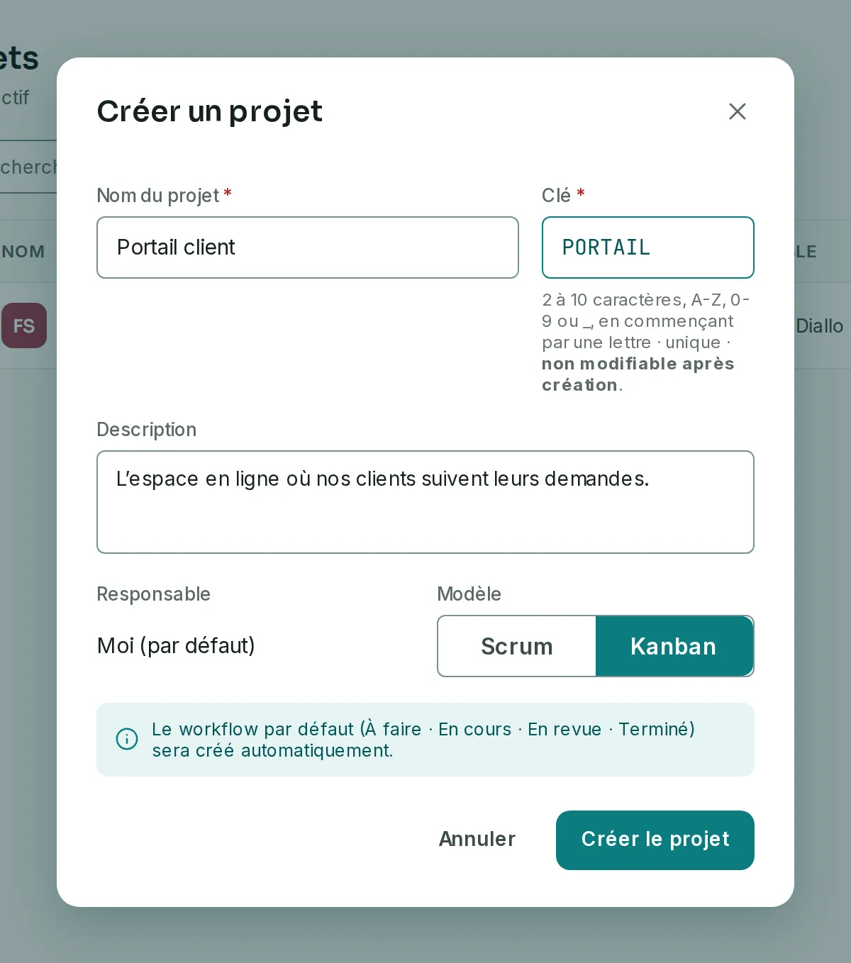 La fenêtre Créer un projet remplie pour le projet Portail client, clé PORTAIL, avec une description, le responsable Moi (par défaut) et le modèle Kanban.
