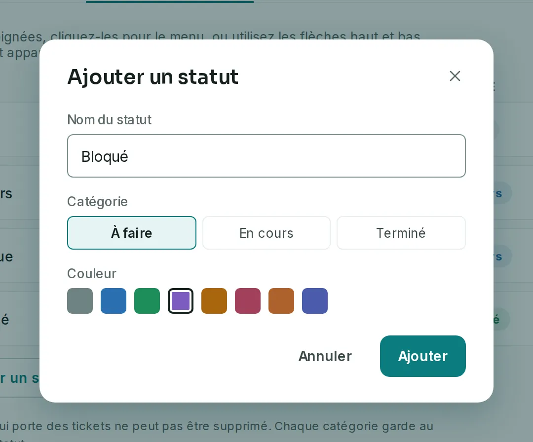 La fenêtre Ajouter un statut avec le nom Bloqué, la catégorie À faire et la teinte Prune choisies.