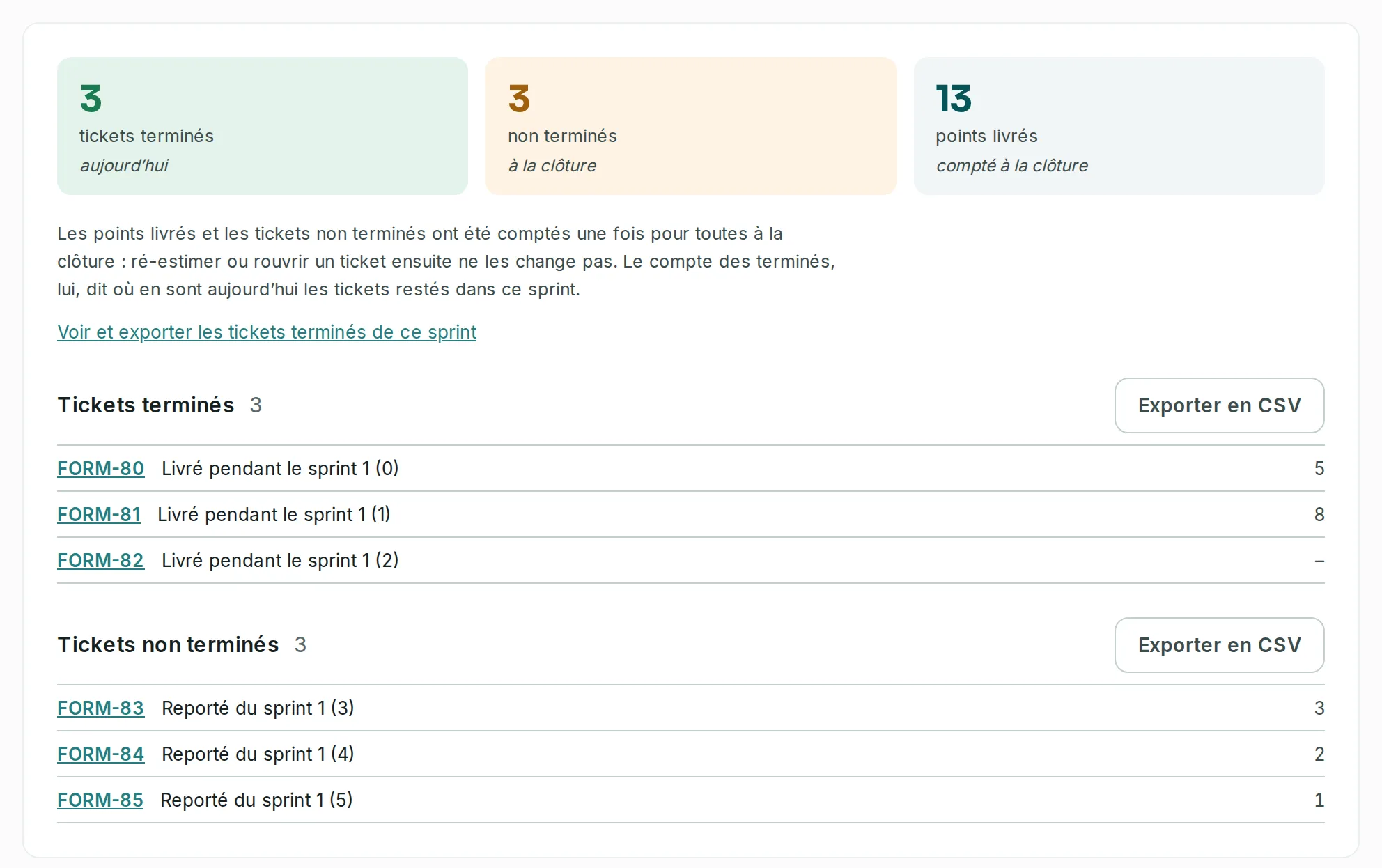 Le bilan d’un sprint clos : ses trois tuiles, puis les listes Tickets terminés et Tickets non terminés, chacune avec son bouton Exporter en CSV.