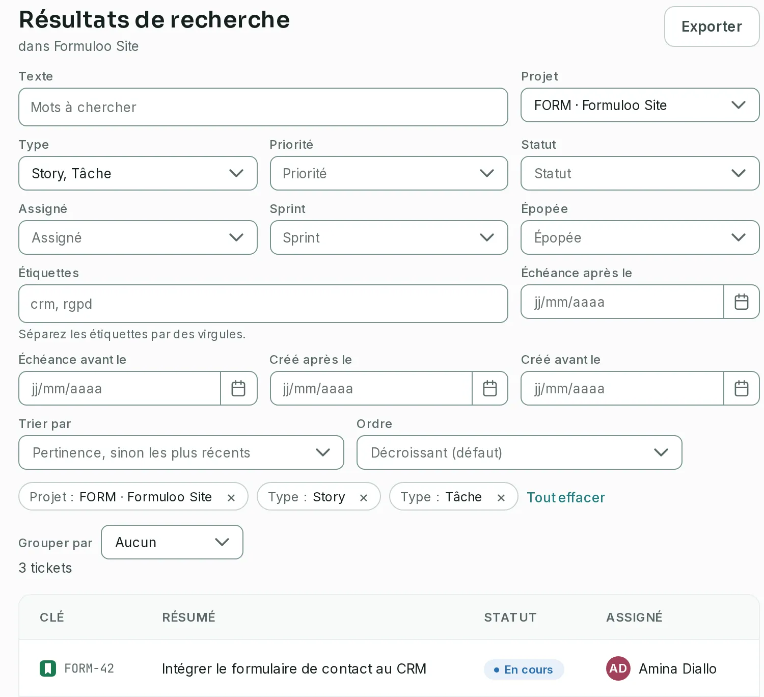 La recherche avancée limitée au projet Formuloo Site et aux types Story et Tâche, avec les listes Statut, Assigné, Sprint et Épopée, les critères posés en pastilles et le premier des trois résultats.