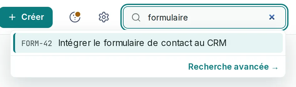 Le champ de recherche de la barre du haut, avec « formulaire » tapé, montre un résultat, FORM-42, et le lien Recherche avancée sous la liste.
