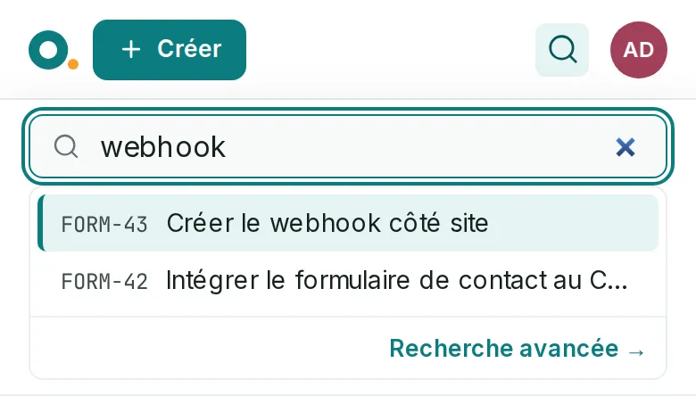 Sur un téléphone, la loupe de la barre a ouvert le champ sous la barre, et « webhook » y trouve FORM-43 et FORM-42.