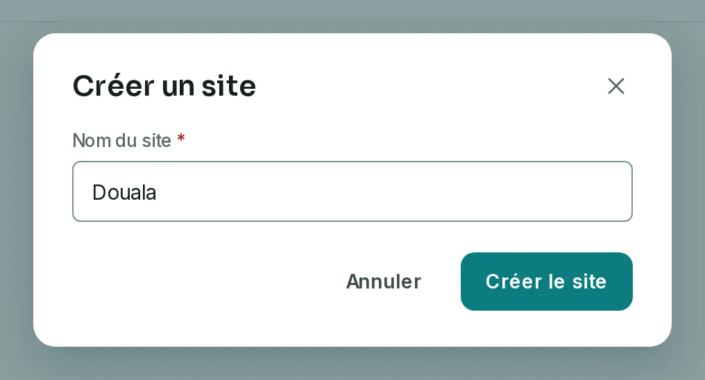 La fenêtre Créer un site, avec le nom Douala saisi dans le champ Nom du site.