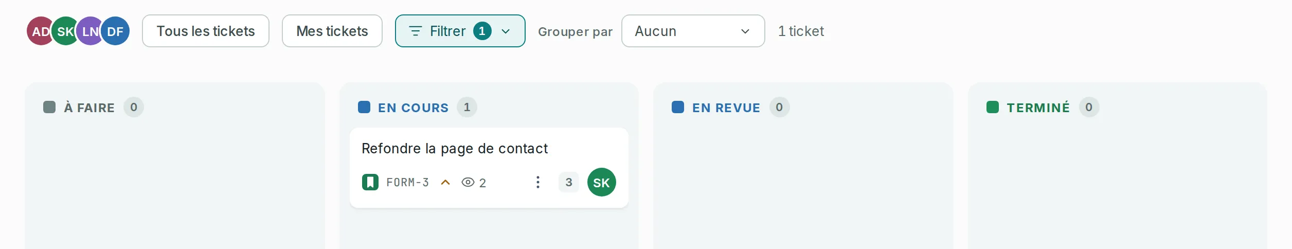 Le tableau filtré sur l’équipe Support, avec le bouton Filtrer marqué 1, le compte 1 ticket et la seule carte FORM-3 dans la colonne En cours.