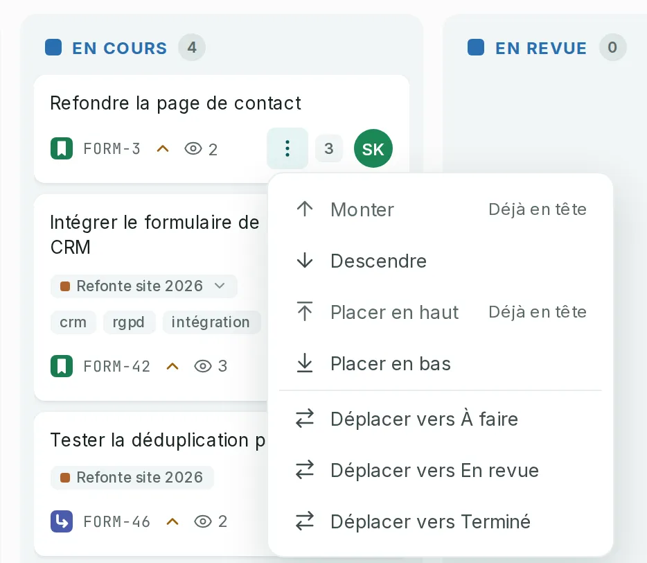 Le menu d’une carte ouvert, avec Monter, Descendre, Placer en haut, Placer en bas et Déplacer vers chacune des autres colonnes.