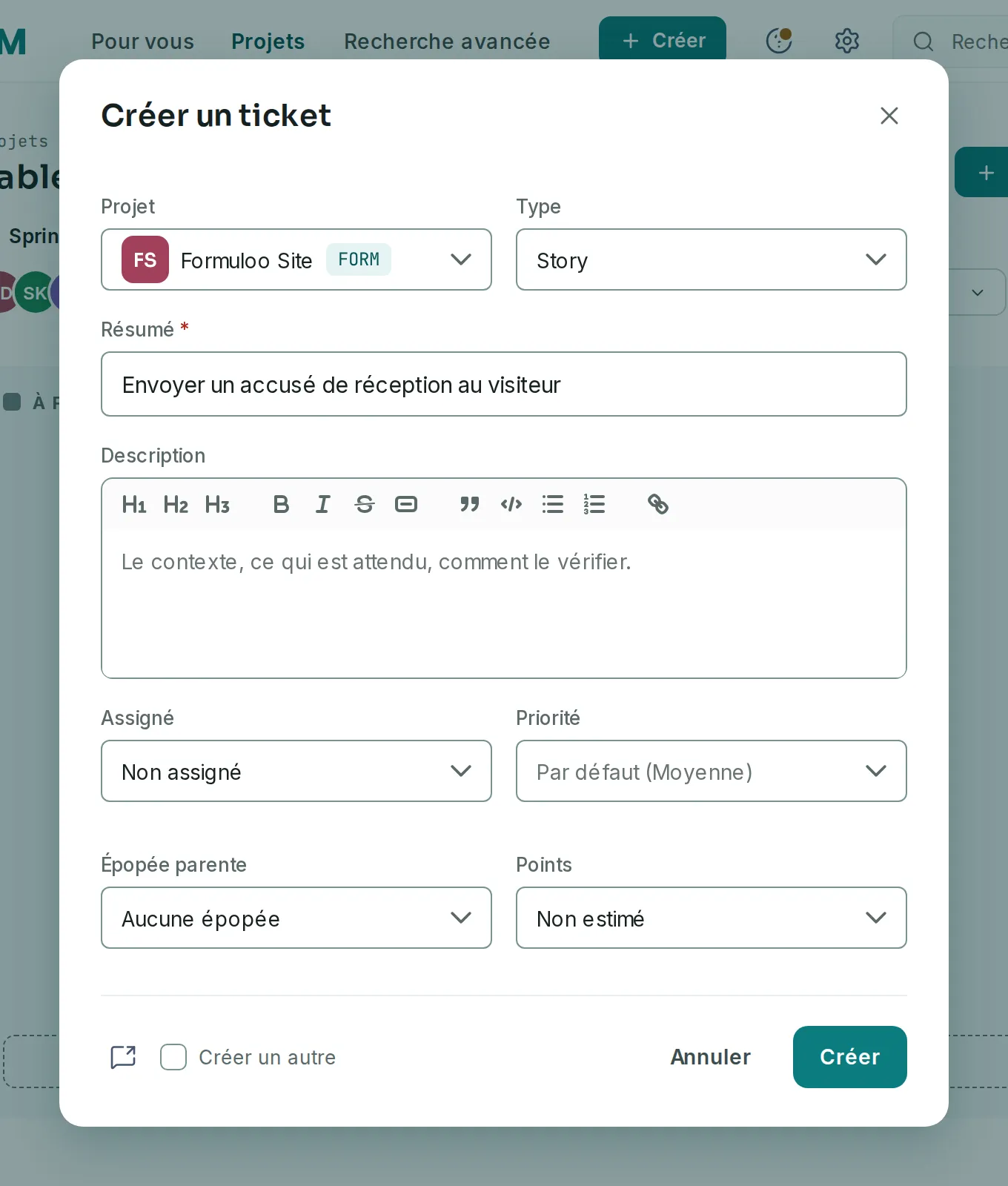 La fenêtre Créer un ticket avec un résumé saisi, le projet Formuloo Site, le type Story, l’assigné, la priorité par défaut, l’épopée parente et les points.