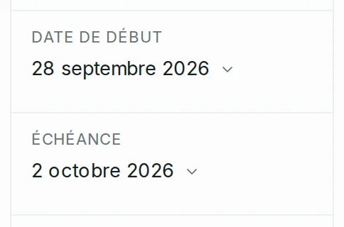 Les champs Date de début et Échéance d’un ticket, du 28 septembre au 2 octobre 2026.