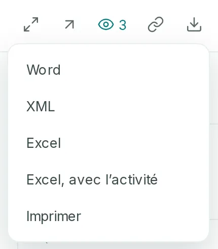 Le menu Exporter ou imprimer d’un ticket : Word, XML, Excel, Excel avec l’activité, et Imprimer.