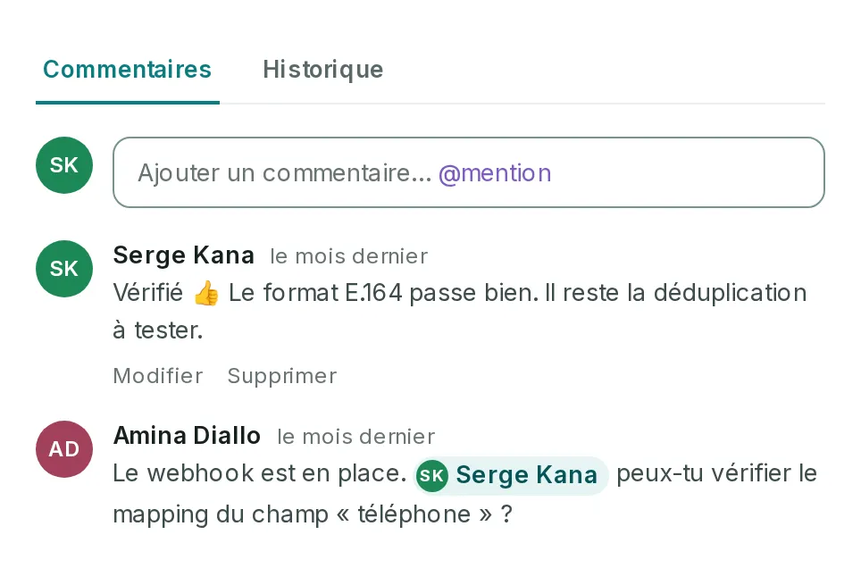 Le fil de commentaires de FORM-42 sous l’onglet Commentaires, avec Modifier et Supprimer sous le commentaire de Serge Kana.