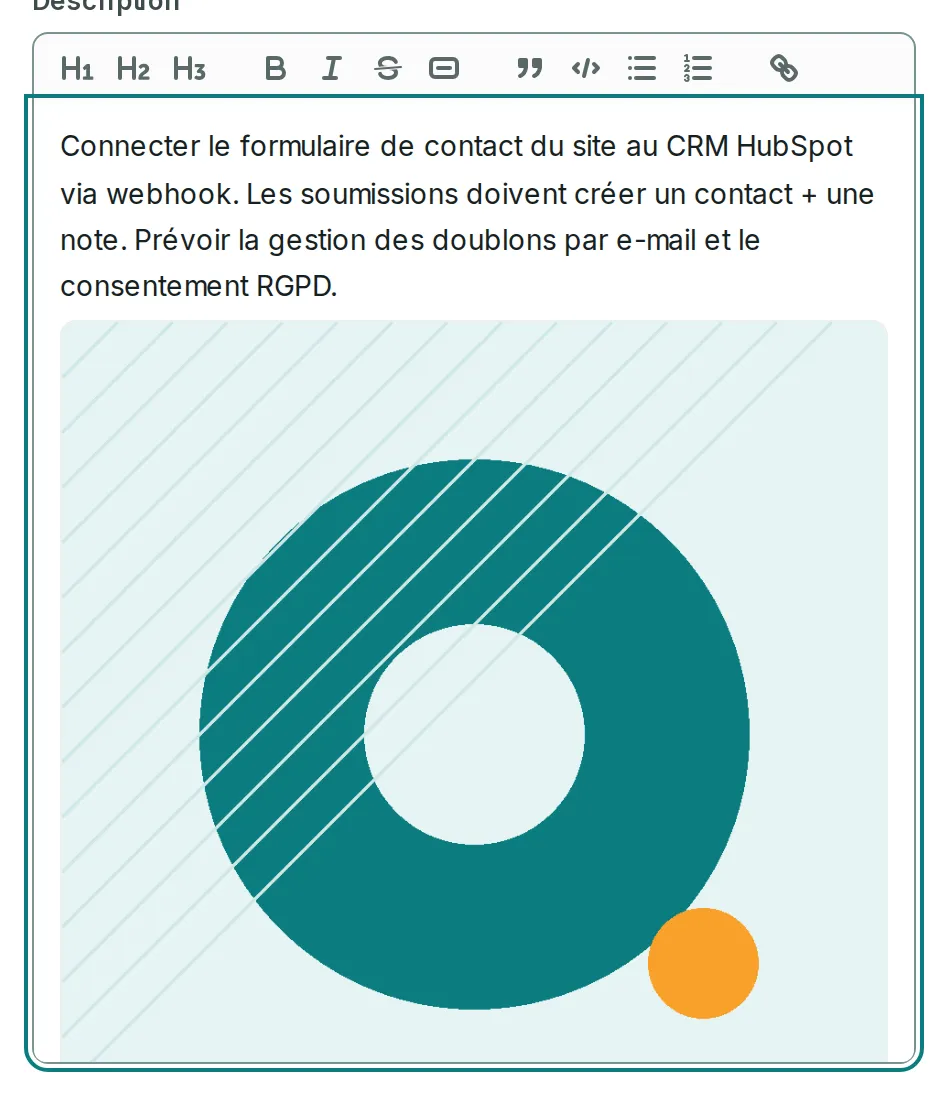Une image collée dans la description d’un ticket, montrée en grand sous le texte pendant la saisie.