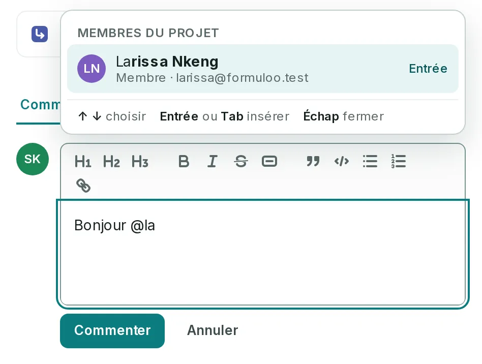 Un commentaire en cours de saisie, Bonjour @la, et la liste qui propose Larissa Nkeng.