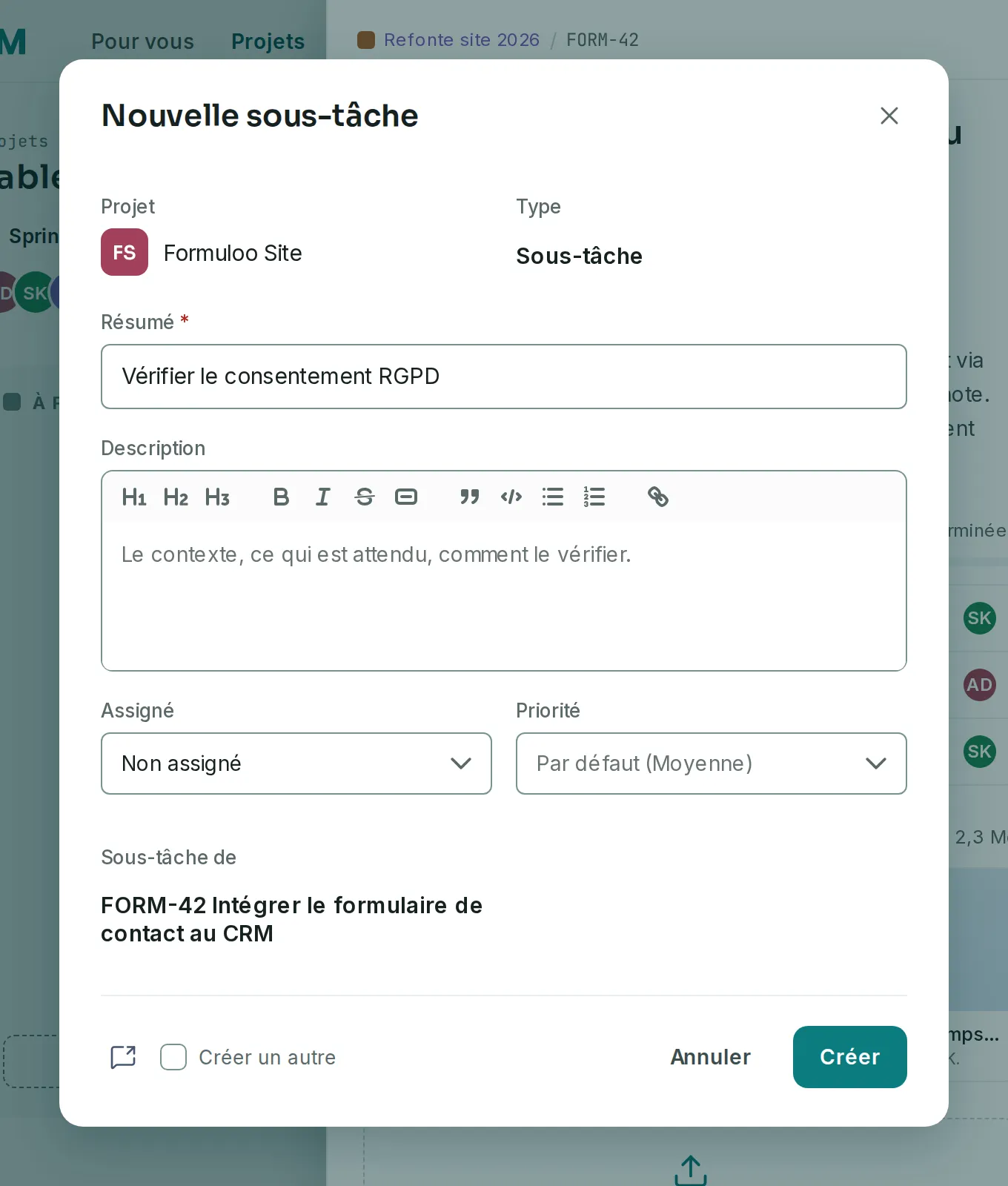 La fenêtre Nouvelle sous-tâche, avec le type Sous-tâche imposé, un résumé saisi et FORM-42 dans Sous-tâche de.