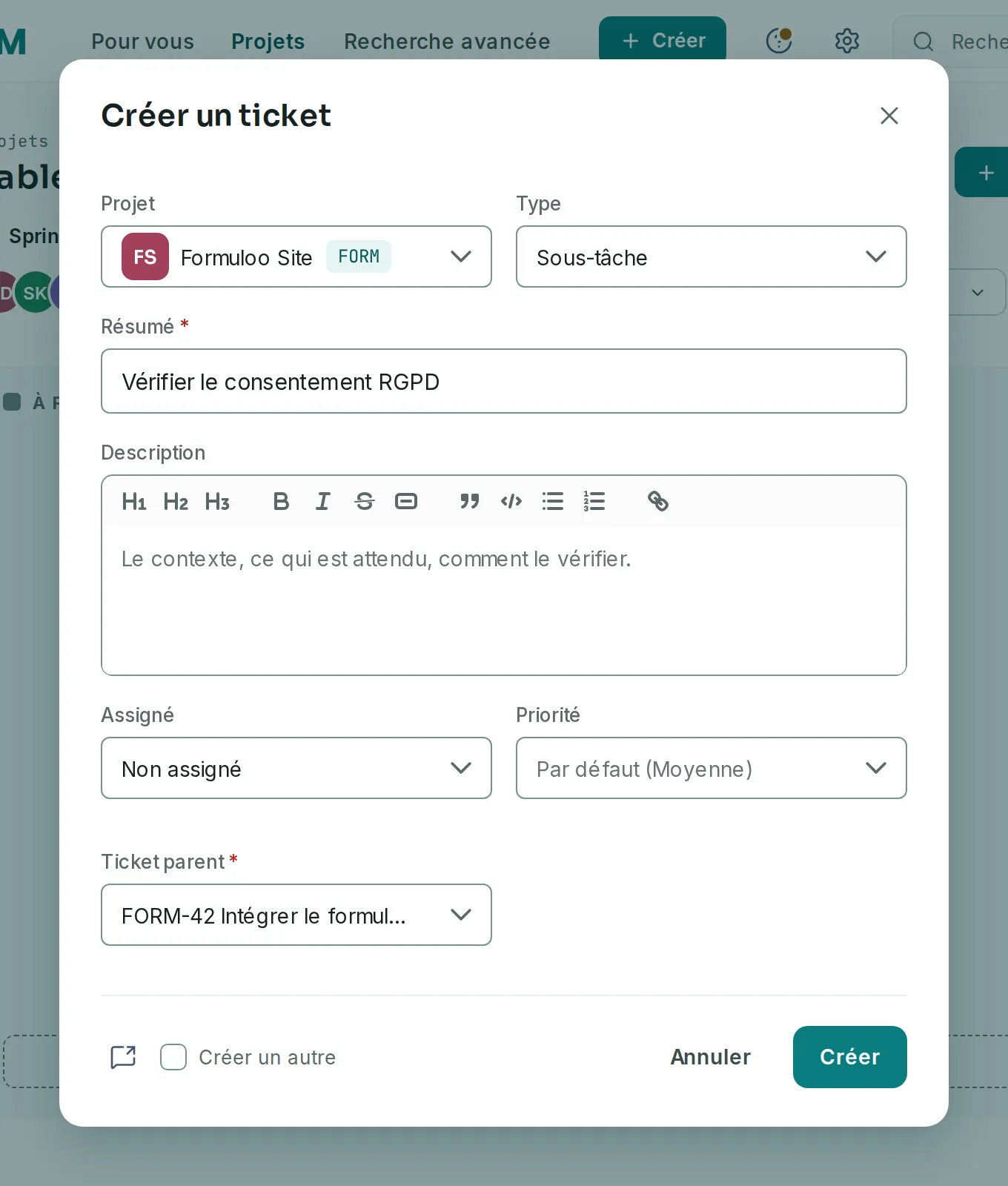 La fenêtre Créer un ticket au type Sous-tâche : le champ Ticket parent, obligatoire, désigne FORM-42 à la place de l’épopée parente et des points.